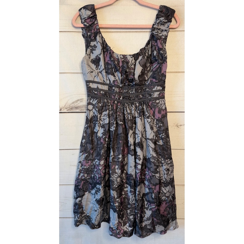 Susana Monaco Silk Floral Empire Waist Dress Grey Purple Black Size 6